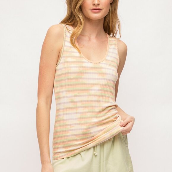 MYSTREE Pastel Striped Ribbed Tank Top, Scoop Neck Sleeveless Stretch Knit - Picture 1 of 8